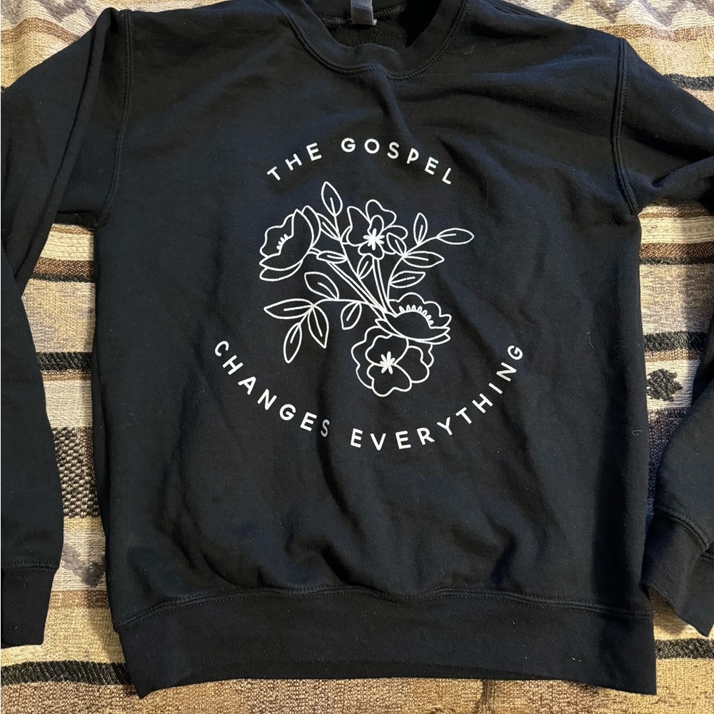 Black Crewneck Sweater with White Floral Graphic